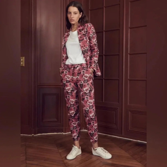 Sezane Pants Women’s 2 Jacquard Gustav Trousers Pink Floral Academia - Picture 1 of 11